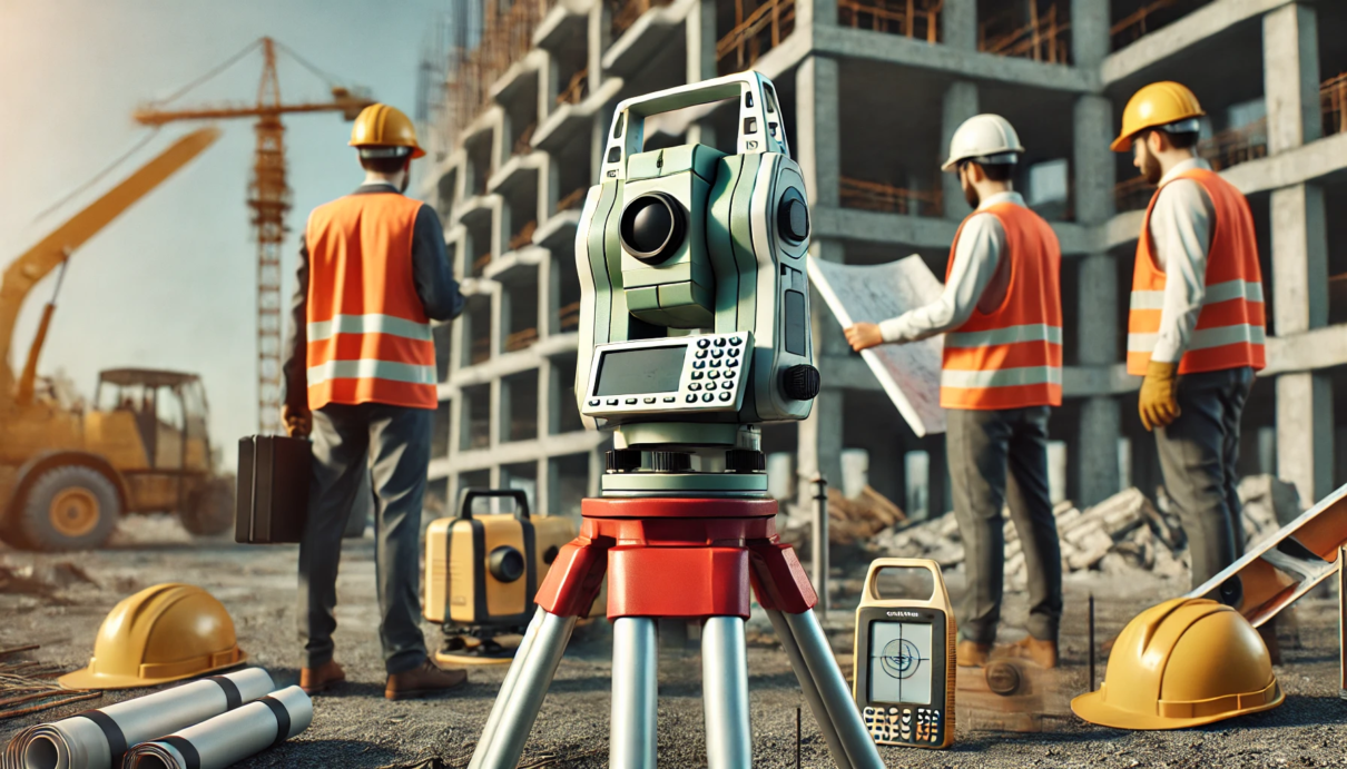 Équipement professionnel de géomètre sur un chantier, incluant une station totale, un GPS et un jalon de nivellement.