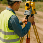 Géomètre professionnel en extérieur mesurant un terrain à l’aide d’un appareil topographique sous un ciel dégagé