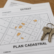 Documents de plan cadastral avec clés posées sur une table en bois