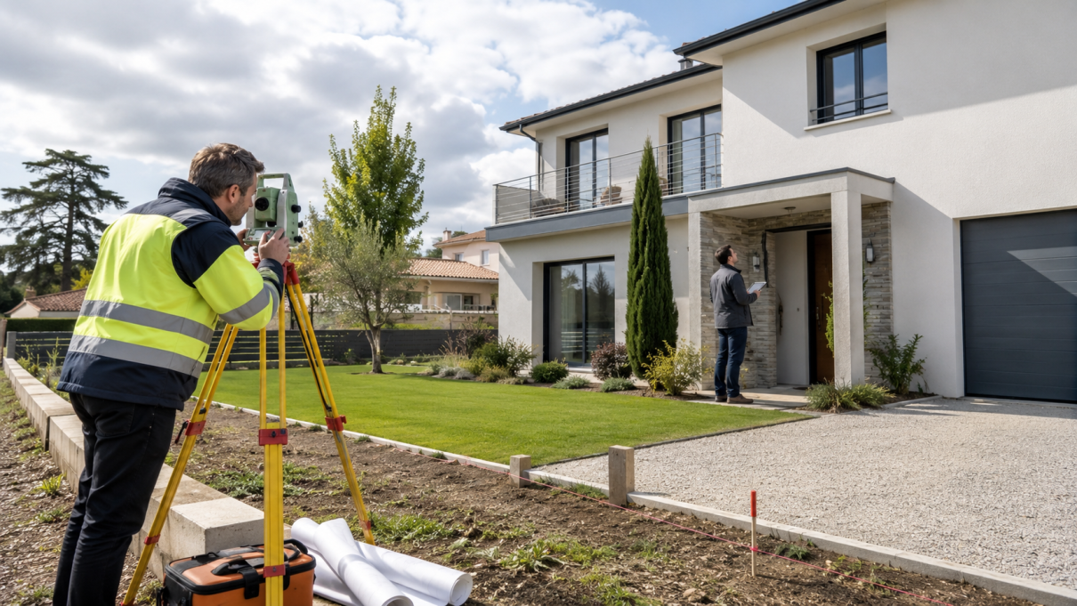 Professionnels de l’immobilier analysant un terrain et un logement avec plans et documents techniques
