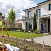 Professionnels de l’immobilier analysant un terrain et un logement avec plans et documents techniques