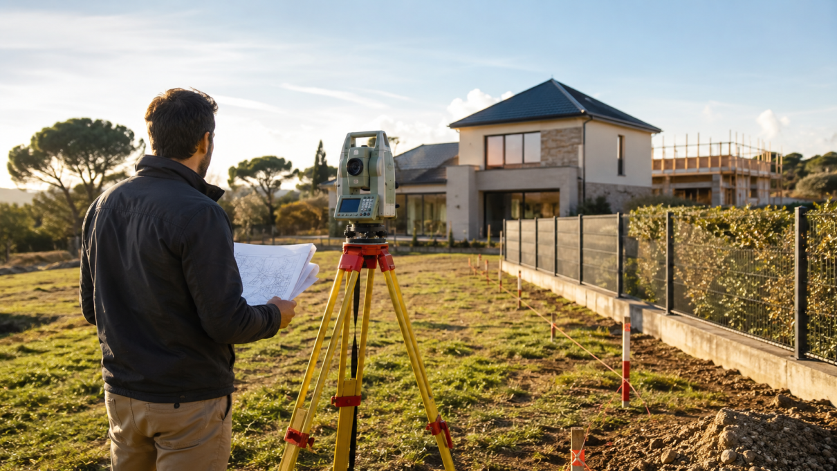Géomètre réalisant des mesures précises sur un terrain avant un projet immobilier