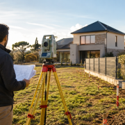 Géomètre réalisant des mesures précises sur un terrain avant un projet immobilier