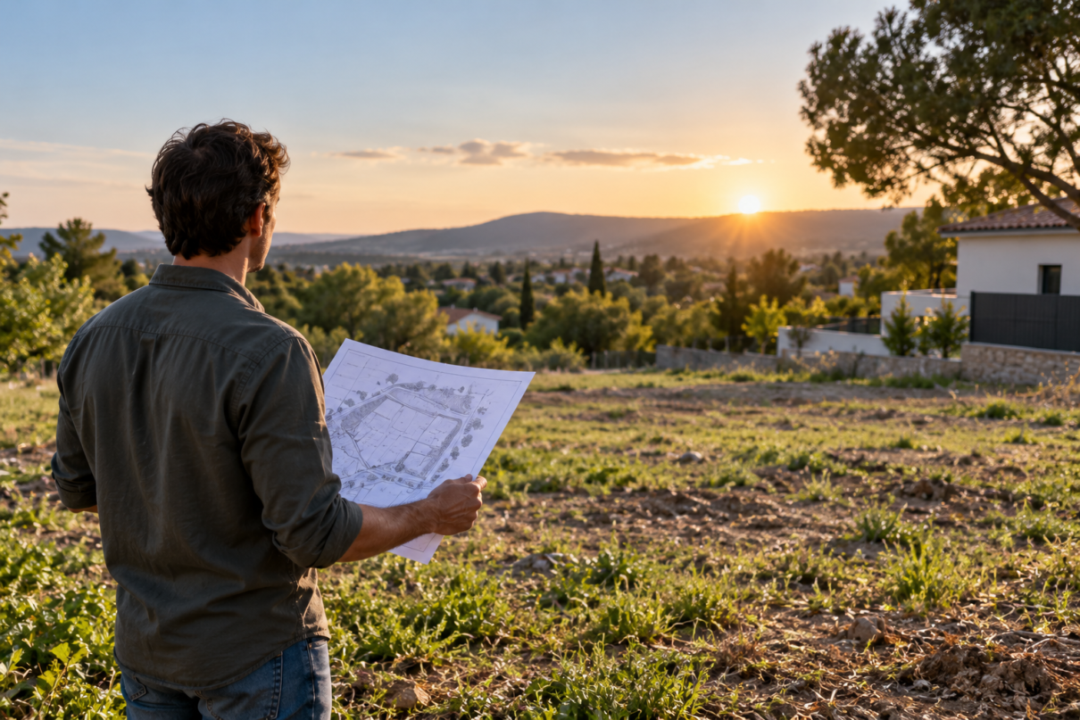 Personne étudiant un terrain constructible avant un projet de construction