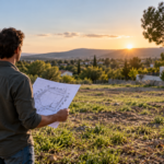 Personne étudiant un terrain constructible avant un projet de construction