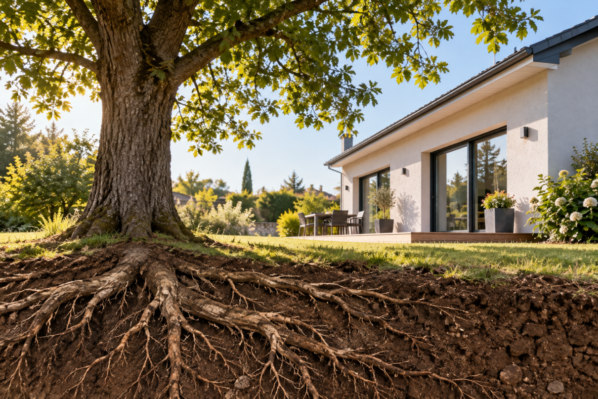 Maison construite près d’un grand arbre avec racines visibles dans le sol