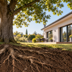 Maison construite près d’un grand arbre avec racines visibles dans le sol