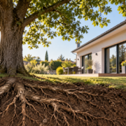 Maison construite près d’un grand arbre avec racines visibles dans le sol